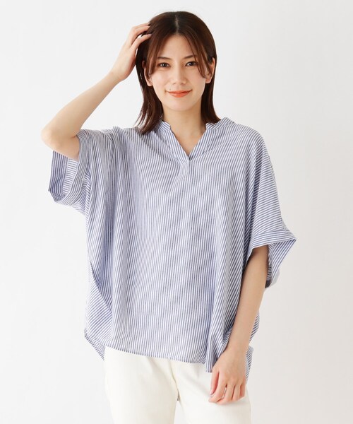 SHOO・LA・RUE（シューラルー）の「◆【S-3L】フレンチリネンドルマンスキッパー（シャツ/ブラウス・レディース・ライトブルー/オフホワイト/グレー系その他3/ブラウン系/ピンク系/マスタード/ブラック/ネイビー系2/ホワイト系/ベージュ・02/03/04/01/05）」の8枚目の写真