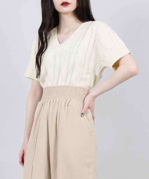 PUNYUS（プニュズ）の「ケーブルニットトップス（Tシャツ/カットソー・レディース・ブラック/アイボリー/グリーン/ライトピンク/ブルー・1/3/4/2）」の2枚目の写真