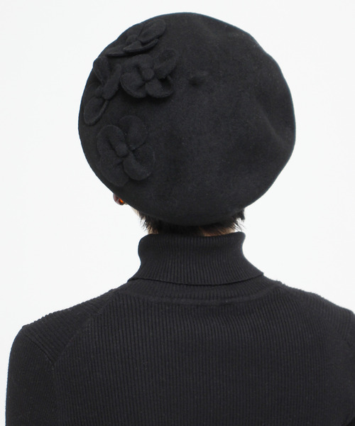 Dot＆Stripes CHILD WOMAN（ドットアンドストライプス　チャイルドウーマン）の「お花モチーフ付きベレー帽（ハンチング/ベレー帽・レディース・ブラック/アイボリー・FREE）」の6枚目の写真