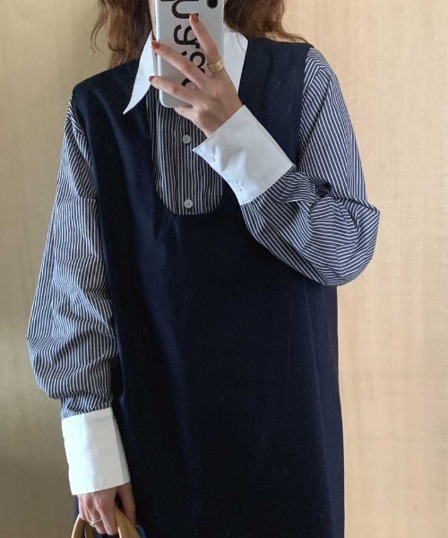 MANGROVE(マングローブ)の「ストライプクレリックシャツ(Tシャツ/カットソー・レディース・ブラック/ブルー・FREE)」の4枚目の写真