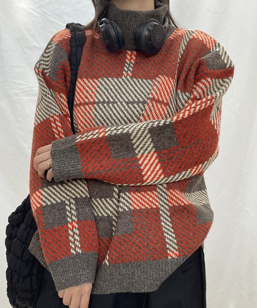 Girly Doll（ガーリードール）の「ジャガードチェックセーター（ニット/セーター・レディース・グレー/オレンジ/オレンジ系その他/グレー系その他・F）」の4枚目の写真