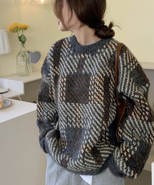 Girly Doll（ガーリードール）の「ジャガードチェックセーター（ニット/セーター・レディース・グレー/オレンジ/オレンジ系その他/グレー系その他・F）」の6枚目の写真