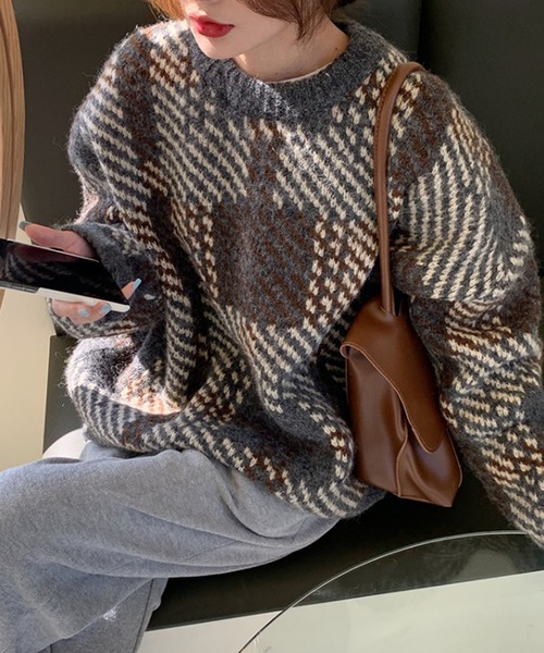 Girly Doll（ガーリードール）の「ジャガードチェックセーター（ニット/セーター・レディース・グレー/オレンジ/オレンジ系その他/グレー系その他・F）」の8枚目の写真