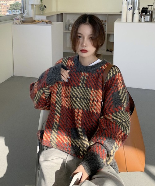 Girly Doll（ガーリードール）の「ジャガードチェックセーター（ニット/セーター・レディース・グレー/オレンジ/オレンジ系その他/グレー系その他・F）」の10枚目の写真