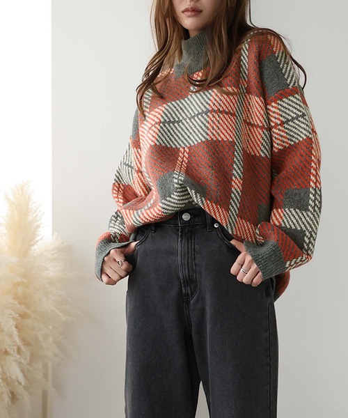 shéller シェリエ　チェックジャガードニットトップス shéller/ シェリエ チェックジャガードニットトップス