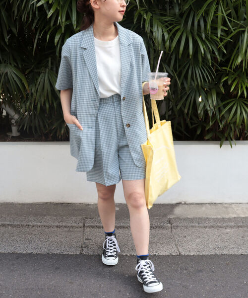 fredy emue(フレディエミュ)の「チェック柄半袖ジャケット(セットアップ可能)(テーラードジャケット・レディース・ブルー系その他/ブラック系その他・38)」の8枚目の写真