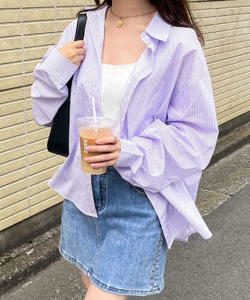 frunco(フランコ)の「ストライプレギュラーカラーシャツ(シャツ/ブラウス・レディース・ブルー/レッド/グリーン/パープル/ブラック/ネイビー・FREE)」の5枚目の写真