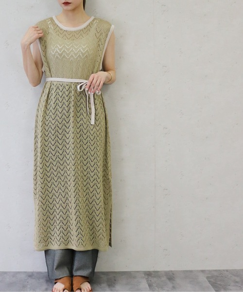 Per sist ence(パーシエンス)の「Per sist ence/パーシエンス 透かし編みニット 配色ワンピース(ワンピース・レディース・オフホワイト/ブラウン/オリーブ・FREE)」の3枚目の写真