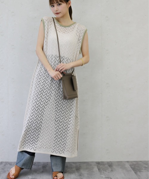 Per sist ence(パーシエンス)の「Per sist ence/パーシエンス 透かし編みニット 配色ワンピース(ワンピース・レディース・オフホワイト/ブラウン/オリーブ・FREE)」の7枚目の写真