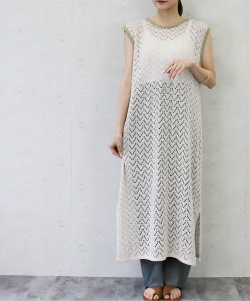 Per sist ence(パーシエンス)の「Per sist ence/パーシエンス 透かし編みニット 配色ワンピース(ワンピース・レディース・オフホワイト/ブラウン/オリーブ・FREE)」の8枚目の写真