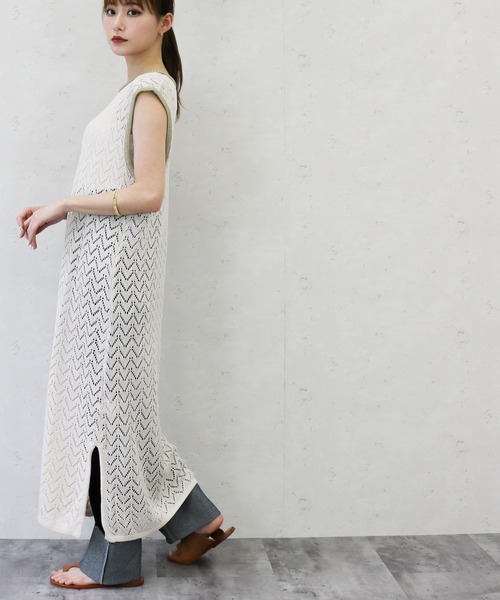 Per sist ence(パーシエンス)の「Per sist ence/パーシエンス 透かし編みニット 配色ワンピース(ワンピース・レディース・オフホワイト/ブラウン/オリーブ・FREE)」の10枚目の写真