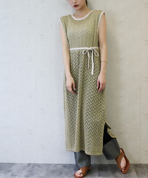 Per sist ence(パーシエンス)の「Per sist ence/パーシエンス 透かし編みニット 配色ワンピース(ワンピース・レディース・オフホワイト/ブラウン/オリーブ・FREE)」の11枚目の写真