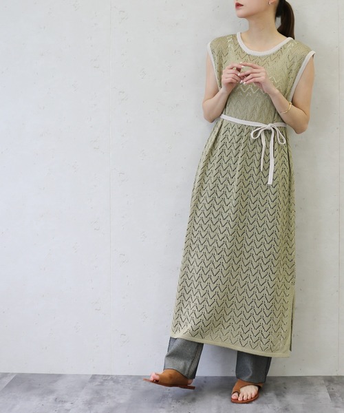 Per sist ence(パーシエンス)の「Per sist ence/パーシエンス 透かし編みニット 配色ワンピース(ワンピース・レディース・オフホワイト/ブラウン/オリーブ・FREE)」の12枚目の写真