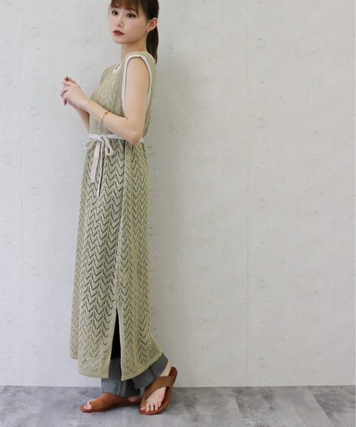 Per sist ence(パーシエンス)の「Per sist ence/パーシエンス 透かし編みニット 配色ワンピース(ワンピース・レディース・オフホワイト/ブラウン/オリーブ・FREE)」の13枚目の写真