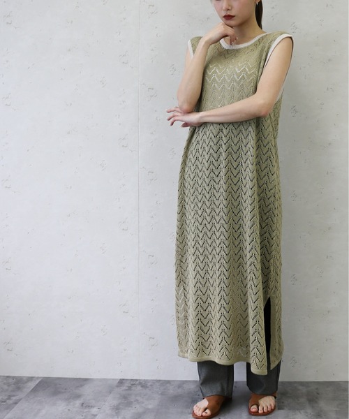 Per sist ence(パーシエンス)の「Per sist ence/パーシエンス 透かし編みニット 配色ワンピース(ワンピース・レディース・オフホワイト/ブラウン/オリーブ・FREE)」の17枚目の写真