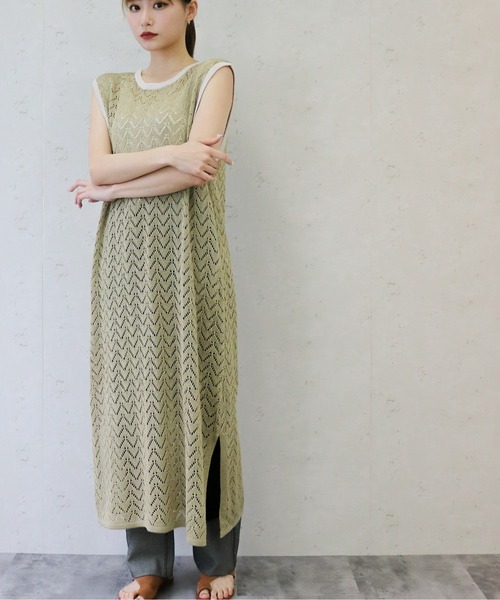 Per sist ence(パーシエンス)の「Per sist ence/パーシエンス 透かし編みニット 配色ワンピース(ワンピース・レディース・オフホワイト/ブラウン/オリーブ・FREE)」の18枚目の写真