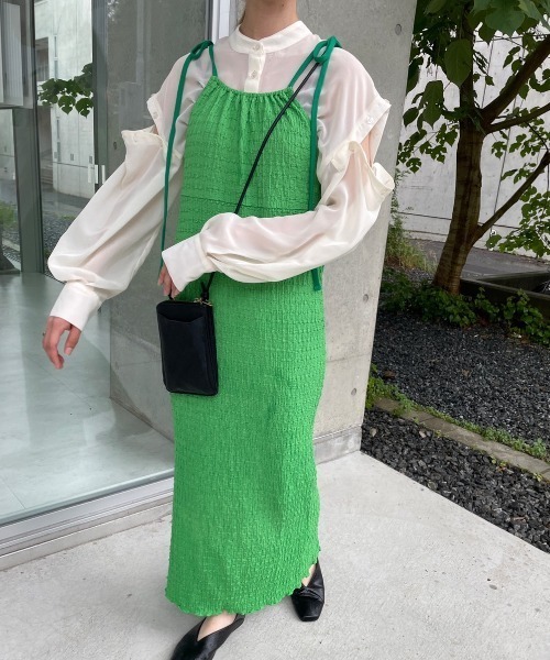 nemne store（ネンネストア）の「【低身長用サイズあり】ぽこぽこリボンキャミワンピース（ワンピース・レディース・グリーン/アイボリー・SMALL/MEDIUM）」の2枚目の写真