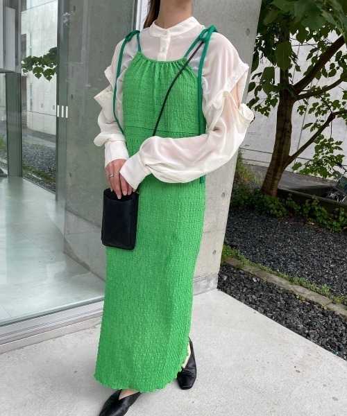 nemne store（ネンネストア）の「【低身長用サイズあり】ぽこぽこリボンキャミワンピース（ワンピース・レディース・グリーン/アイボリー・SMALL/MEDIUM）」の7枚目の写真
