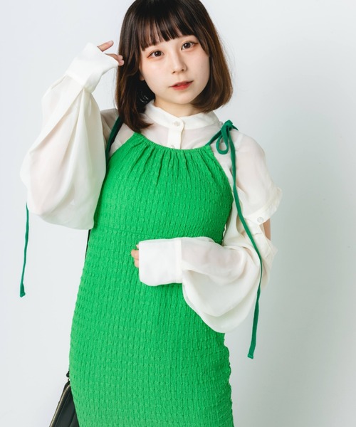 nemne store（ネンネストア）の「【低身長用サイズあり】ぽこぽこリボンキャミワンピース（ワンピース・レディース・グリーン/アイボリー・SMALL/MEDIUM）」の12枚目の写真