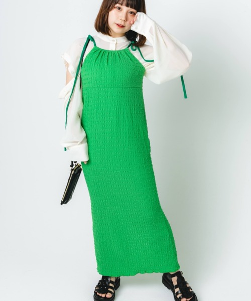 nemne store（ネンネストア）の「【低身長用サイズあり】ぽこぽこリボンキャミワンピース（ワンピース・レディース・グリーン/アイボリー・SMALL/MEDIUM）」の3枚目の写真