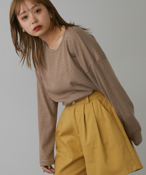 mebole(メボレ)の「シンプルボーダーロングスリーブTシャツ(Tシャツ/カットソー・レディース・ホワイト/ブラック/ブラウン・FREE)」の7枚目の写真