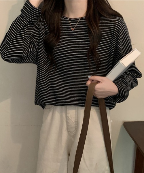 mebole(メボレ)の「シンプルボーダーロングスリーブTシャツ(Tシャツ/カットソー・レディース・ホワイト/ブラック/ブラウン・FREE)」の12枚目の写真