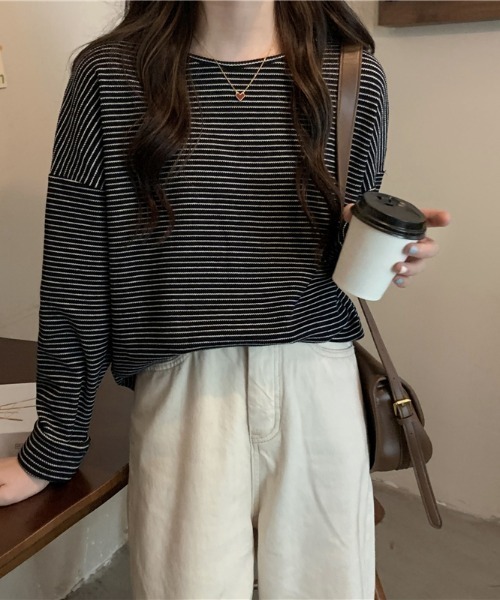mebole(メボレ)の「シンプルボーダーロングスリーブTシャツ(Tシャツ/カットソー・レディース・ホワイト/ブラック/ブラウン・FREE)」の16枚目の写真