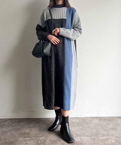Chez toi(シェトワ)の「ブロッキングハイネックニットソーワンピース(ワンピース・レディース・ライトグレー/チャコールグレー/ベージュ・FREE)」の6枚目の写真
