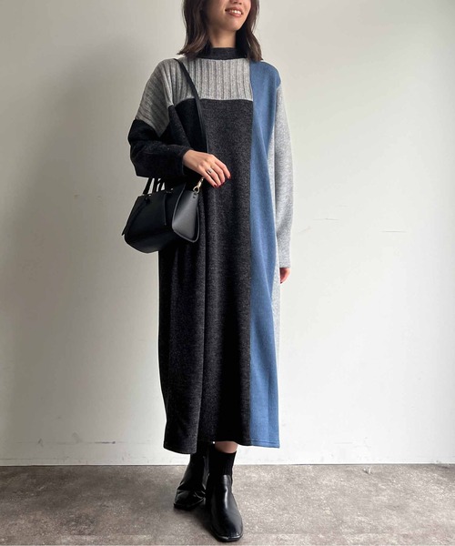 Chez toi(シェトワ)の「ブロッキングハイネックニットソーワンピース(ワンピース・レディース・ライトグレー/チャコールグレー/ベージュ・FREE)」の8枚目の写真