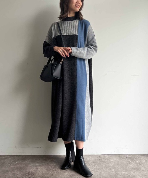 Chez toi(シェトワ)の「ブロッキングハイネックニットソーワンピース(ワンピース・レディース・ライトグレー/チャコールグレー/ベージュ・FREE)」の9枚目の写真