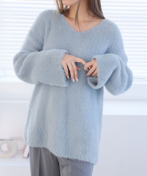 セール】Vネックシャギーニットプルオーバー（ニット/セーター