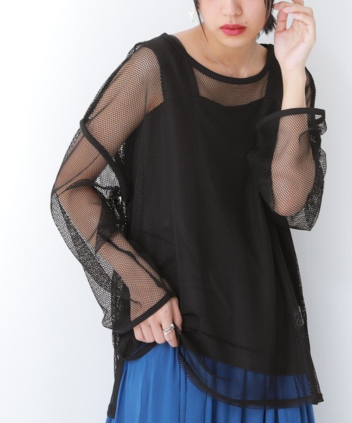 n'OrLABEL(ノアールレーベル)の「『シアーメッシュデザインロンT』(Tシャツ/カットソー・レディース・アイボリー/ブラック・FREE)」の1枚目の写真