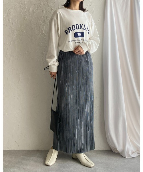 She's Closet（シーズクローゼット）の「セルフカットIラインハイウエストシャイニープリーツタイトロングスカート（スカート・レディース・ブルーグレー/モカ/グレイッシュベージュ/ブラック・FREE）」の15枚目の写真