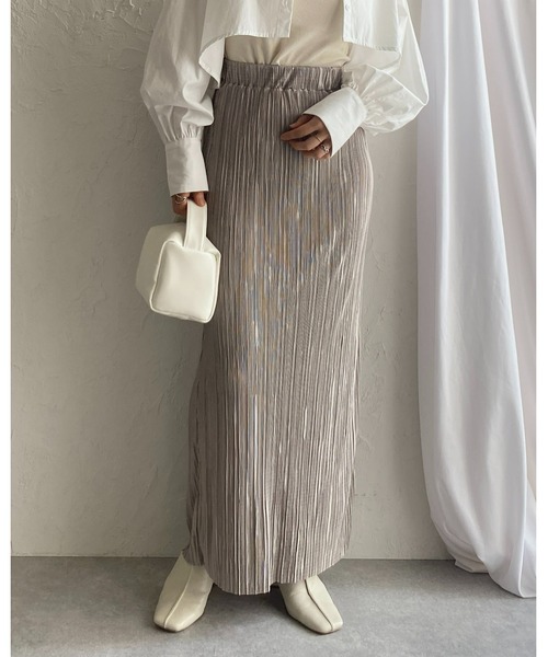 She's Closet（シーズクローゼット）の「セルフカットIラインハイウエストシャイニープリーツタイトロングスカート（スカート・レディース・ブルーグレー/モカ/グレイッシュベージュ/ブラック・FREE）」の12枚目の写真