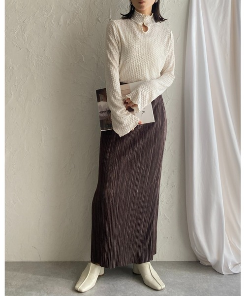 She's Closet（シーズクローゼット）の「セルフカットIラインハイウエストシャイニープリーツタイトロングスカート（スカート・レディース・ブルーグレー/モカ/グレイッシュベージュ/ブラック・FREE）」の21枚目の写真