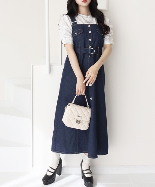 titty＆Co. PETIT by poyo（ティティーアンドコープティバイポヨ）の「【titty&Co.PETIT by poyo】ウエストベルト付きジャンパースカート（ジャンパースカート・レディース・インディゴブルー/グレー・FREE）」の2枚目の写真