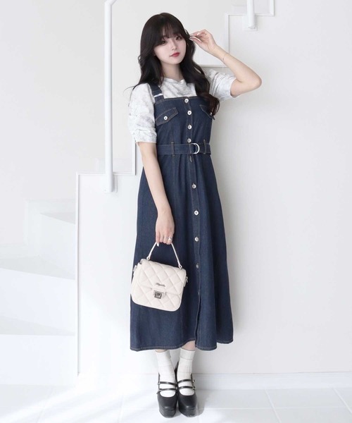 titty＆Co. PETIT by poyo（ティティーアンドコープティバイポヨ）の「【titty&Co.PETIT by poyo】ウエストベルト付きジャンパースカート（ジャンパースカート・レディース・インディゴブルー/グレー・FREE）」の3枚目の写真