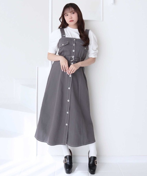 titty＆Co. PETIT by poyo（ティティーアンドコープティバイポヨ）の「【titty&Co.PETIT by poyo】ウエストベルト付きジャンパースカート（ジャンパースカート・レディース・インディゴブルー/グレー・FREE）」の4枚目の写真