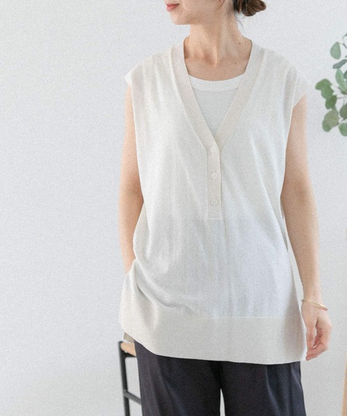 FORK&SPOON(フォークアンドスプーン)の「『洗濯可』FORK&SPOON ヘンリーネックノースリーブニット(ニット/セーター・レディース・ネイビー/アイボリー/グレー系その他・1)」の4枚目の写真