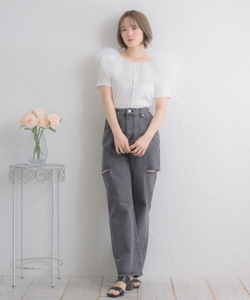 ems excite(エムズエキサイト)の「オーガンジー襟半袖CT(Tシャツ/カットソー・レディース・ピンク/オフホワイト/ブルー・FREE)」の4枚目の写真