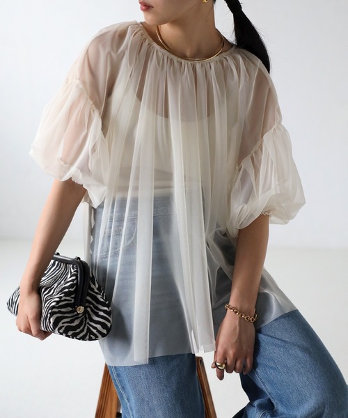 r.（アールドット）の「チュールレイヤード パフスリーブギャザーブラウス（シャツ/ブラウス・レディース・ブラック/アイボリー/チャコールグレー/グレー・FREE）」の18枚目の写真