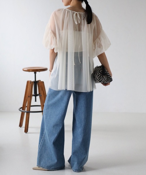 r.（アールドット）の「チュールレイヤード パフスリーブギャザーブラウス（シャツ/ブラウス・レディース・ブラック/アイボリー/チャコールグレー/グレー・FREE）」の7枚目の写真