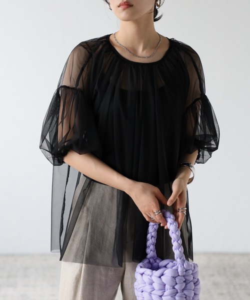 r.（アールドット）の「チュールレイヤード パフスリーブギャザーブラウス（シャツ/ブラウス・レディース・ブラック/アイボリー/チャコールグレー/グレー・FREE）」の19枚目の写真