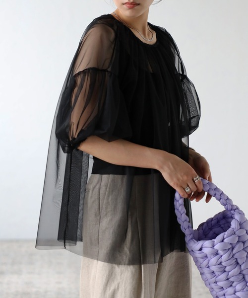 r.（アールドット）の「チュールレイヤード パフスリーブギャザーブラウス（シャツ/ブラウス・レディース・ブラック/アイボリー/チャコールグレー/グレー・FREE）」の21枚目の写真