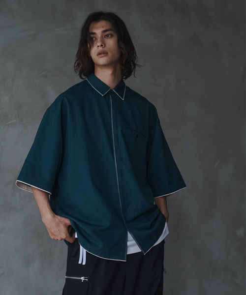 shiki tokyo（シキトウキョウ）の「Oversized Stitch Half Sleeve Shirt / オーバーサイズステッチハーフスリーブシャツ（シャツ/ブラウス・メンズ・ターコイズブルー/ライトグレー・SMALL/MEDIUM/LARGE）」の18枚目の写真