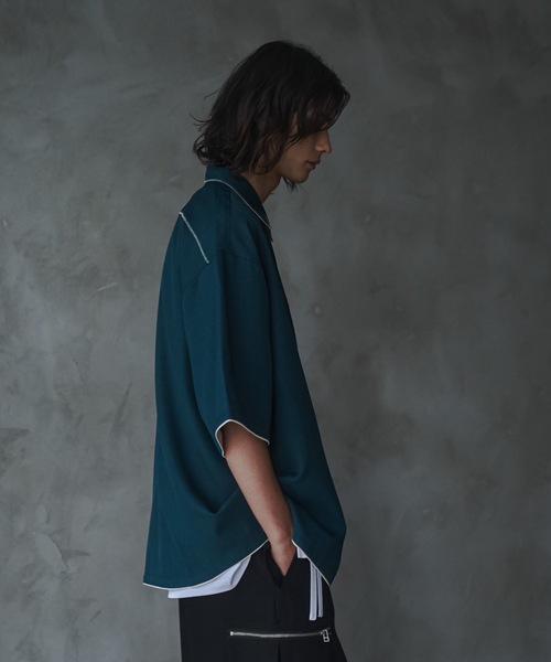 shiki tokyo（シキトウキョウ）の「Oversized Stitch Half Sleeve Shirt / オーバーサイズステッチハーフスリーブシャツ（シャツ/ブラウス・メンズ・ターコイズブルー/ライトグレー・SMALL/MEDIUM/LARGE）」の21枚目の写真