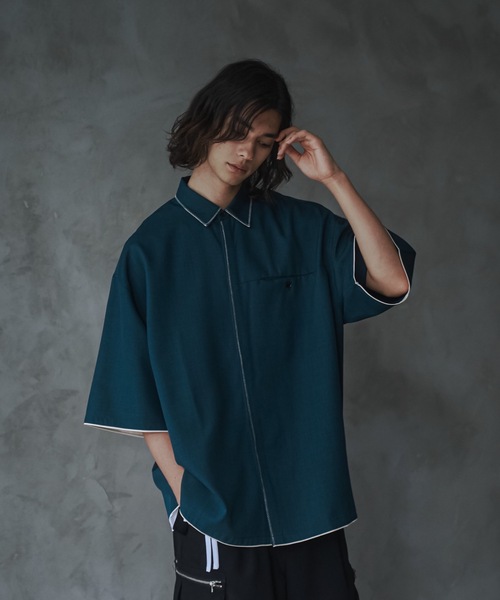 shiki tokyo（シキトウキョウ）の「Oversized Stitch Half Sleeve Shirt / オーバーサイズステッチハーフスリーブシャツ（シャツ/ブラウス・メンズ・ターコイズブルー/ライトグレー・SMALL/MEDIUM/LARGE）」の22枚目の写真