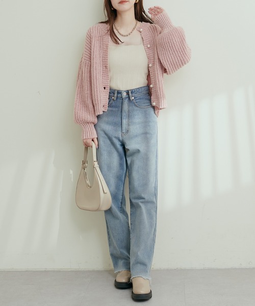 natural couture(ナチュラルクチュール)の「MIX片畦パール釦カーディガン(カーディガン/ボレロ・レディース・ブルー/グレイッシュベージュ/ピンク/チャコール/グリーン・FREE)」の6枚目の写真