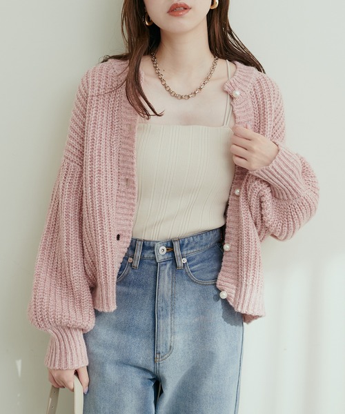 natural couture(ナチュラルクチュール)の「MIX片畦パール釦カーディガン(カーディガン/ボレロ・レディース・ブルー/グレイッシュベージュ/ピンク/チャコール/グリーン・FREE)」の7枚目の写真