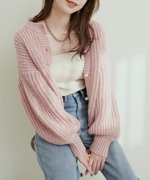 natural couture(ナチュラルクチュール)の「MIX片畦パール釦カーディガン(カーディガン/ボレロ・レディース・ブルー/グレイッシュベージュ/ピンク/チャコール/グリーン・FREE)」の10枚目の写真